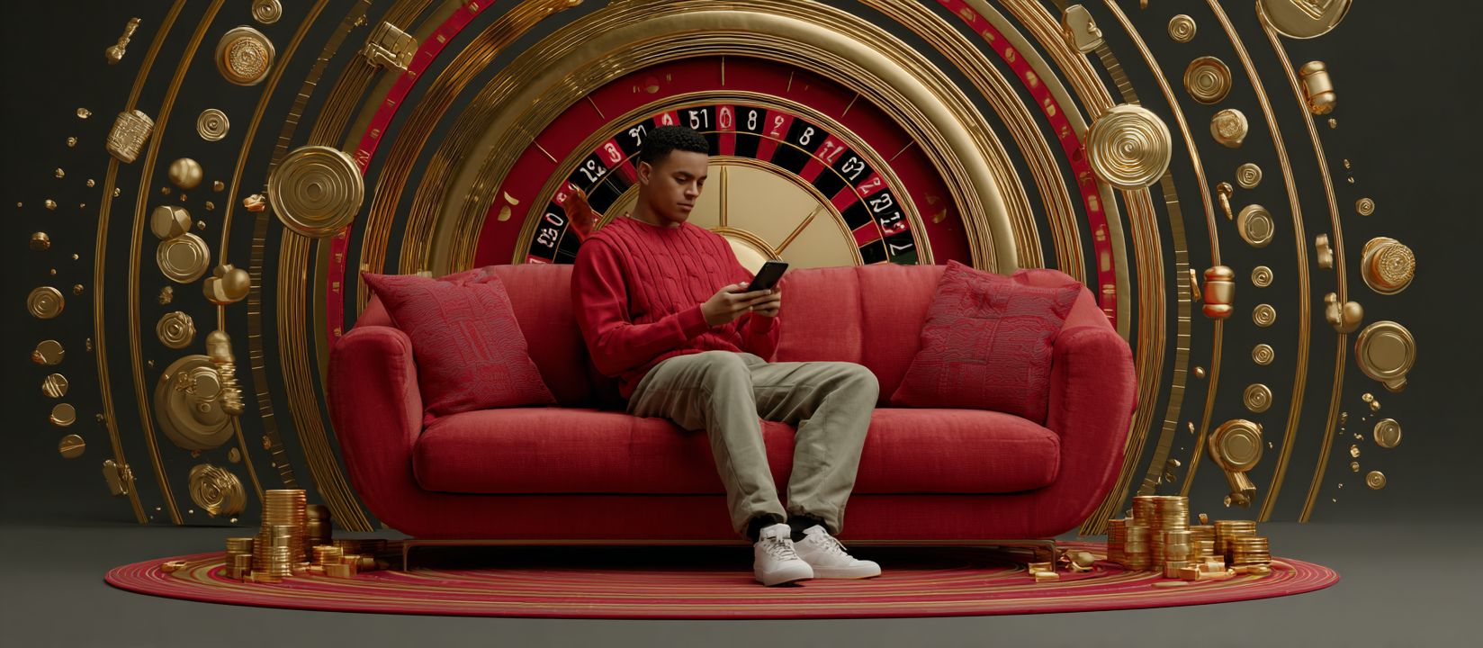 Download the DB222 app and play casino games on the go Young man sitting on a red sofa using the DB222 mobile casino app with golden coins and roulette wheel in the background