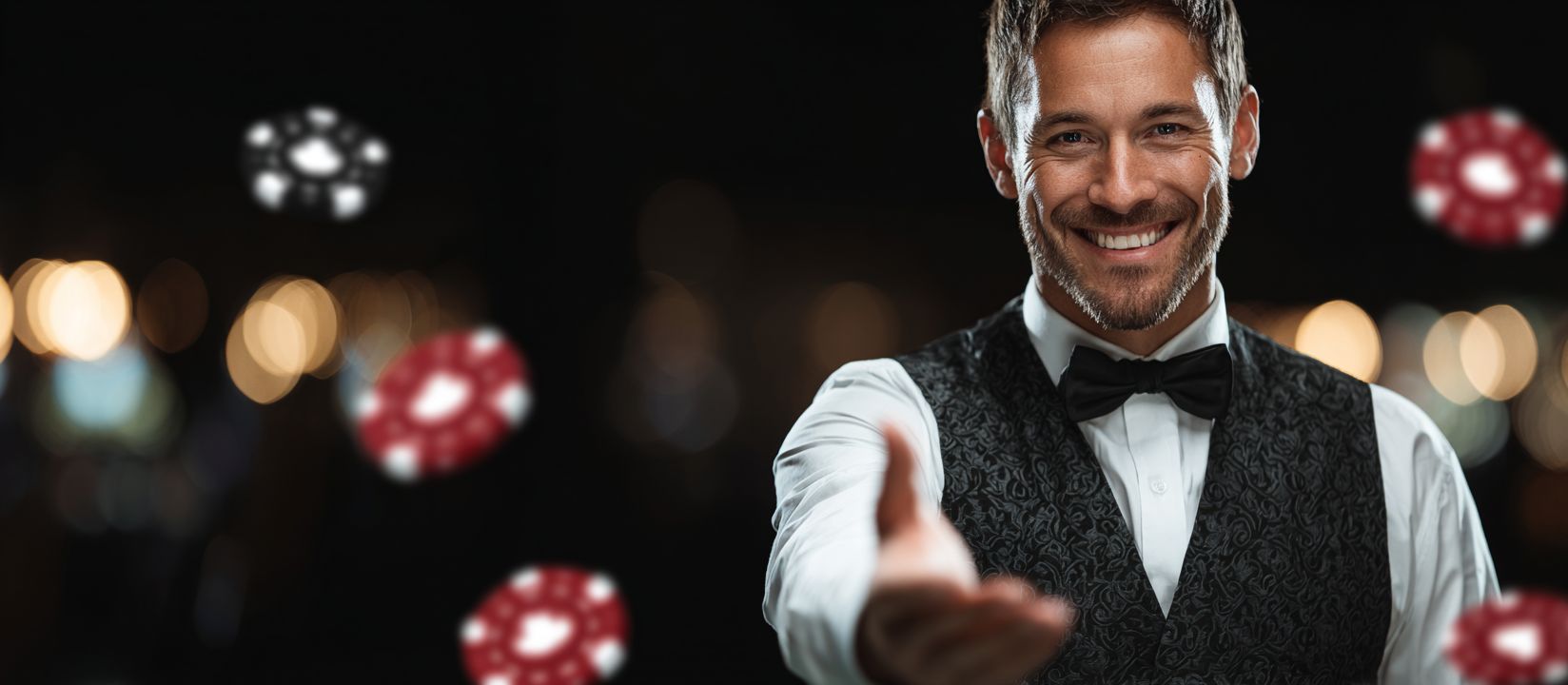 Join DB222 casino today and enjoy live dealer games Smiling casino dealer in elegant vest inviting players to join, surrounded by poker chips at DB222 casino