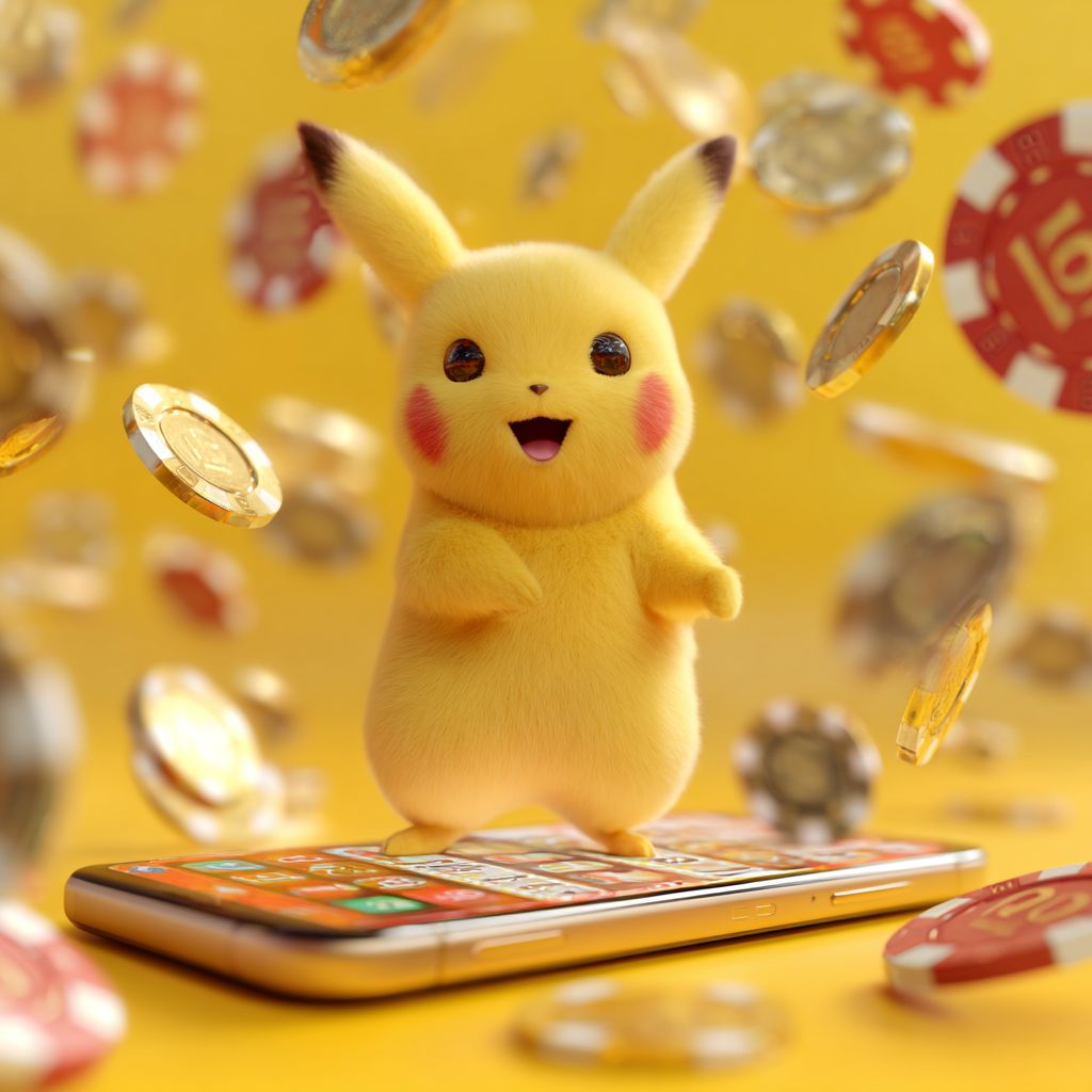 Play anytime anywhere – download the DB222 casino app now Pikachu standing on a smartphone surrounded by golden coins and casino chips, symbolizing the DB222 mobile casino app