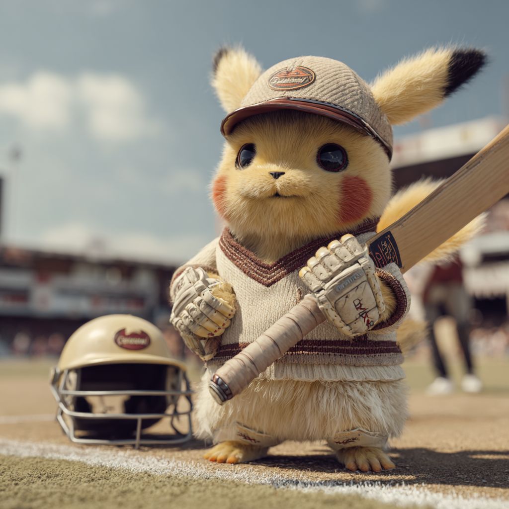 Place your winning bets today with DB222 Pikachu dressed as a cricket player holding a bat on the field, representing DB222 sports betting excitement