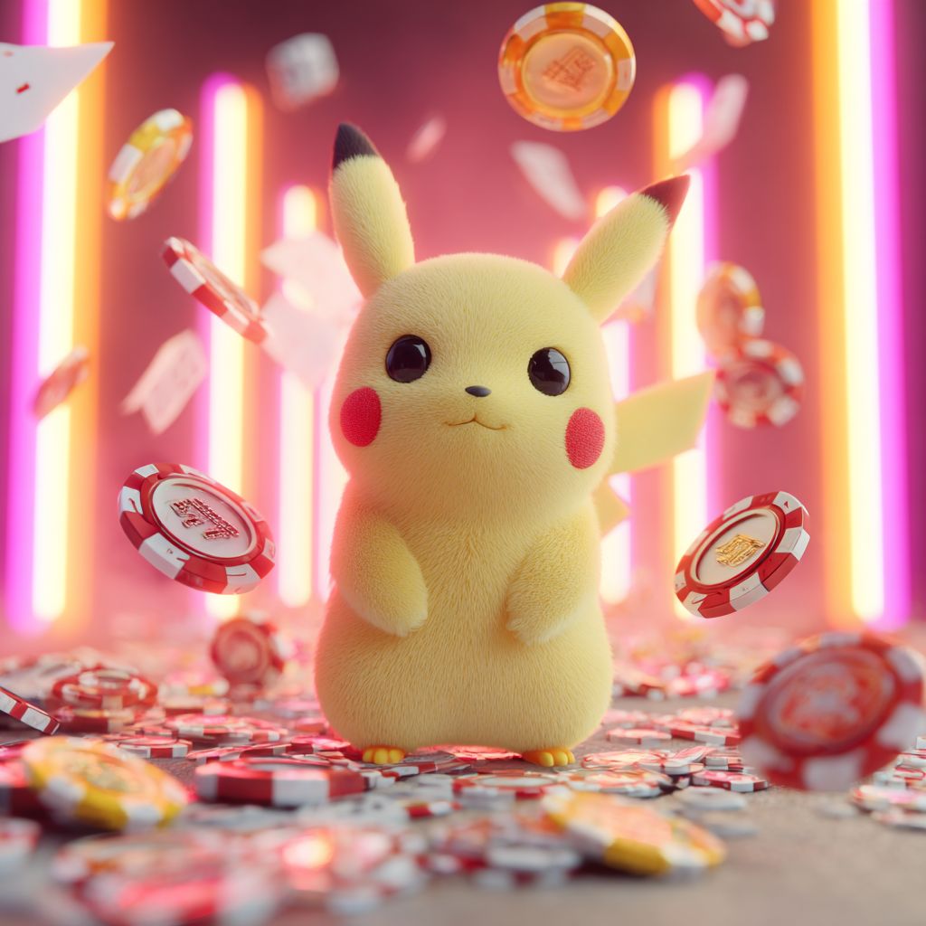 Explore thrilling online games only at DB222 Cute Pikachu surrounded by flying poker chips and cards in neon lights, highlighting DB222 online games
