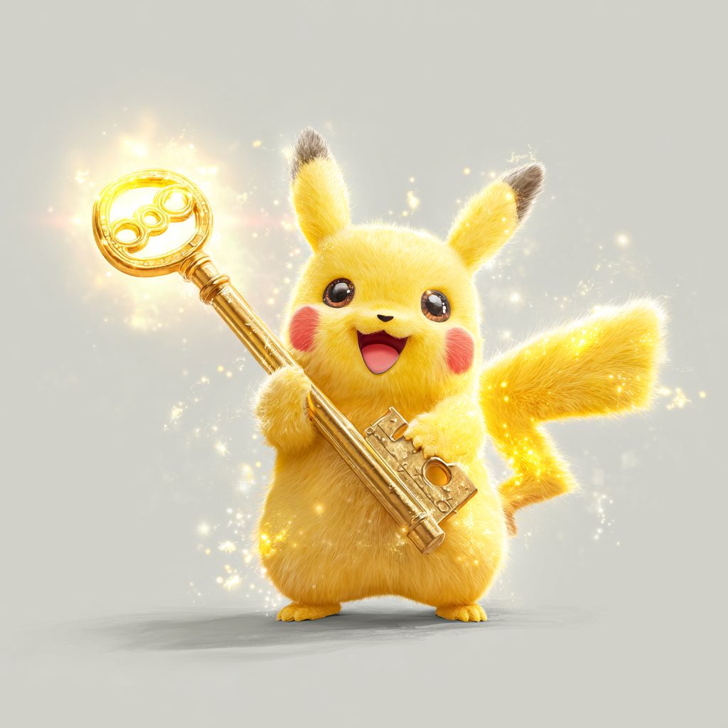 Unlock your winning journey – login to DB222 Pikachu holding a shining golden key with sparks, symbolizing secure login and exclusive access at DB222 casino