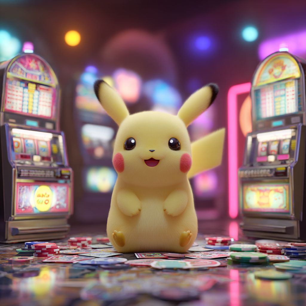 Spin the reels and win big with DB222 slots Pikachu sitting happily among colorful slot machines and poker chips at DB222 casino
