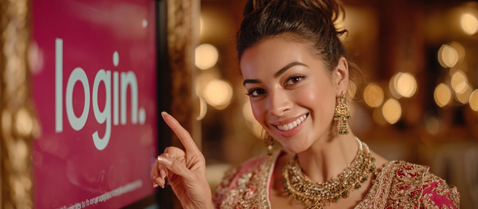 Login now and unlock your DB222 casino account Beautiful woman in traditional jewelry smiling and pointing at the login screen of DB222 casino