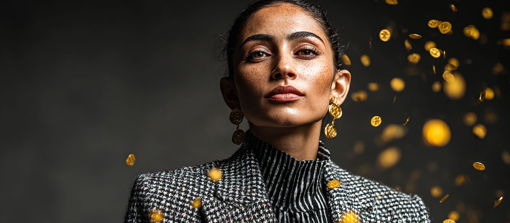 Discover the luxury of winning – start your journey with DB222 Elegant woman in stylish suit with golden earrings, standing confidently with golden coins falling around her at DB222 casino