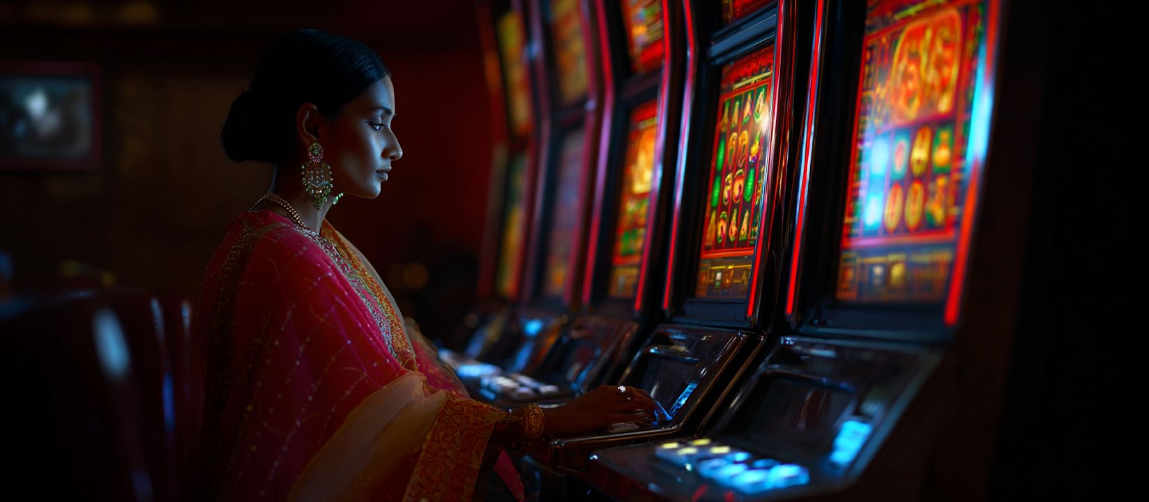Spin and win big with DB222 online slots Woman in elegant sari playing bright slot machines inside DB222 casino hall
