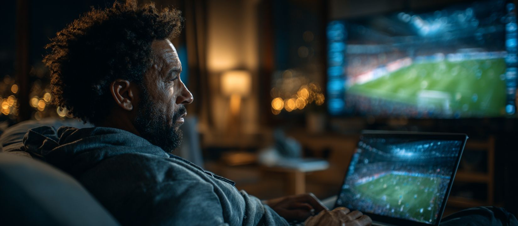Bet on live sports and win with DB222 sportsbook Man watching live football match on TV and betting online through DB222 sportsbook platform